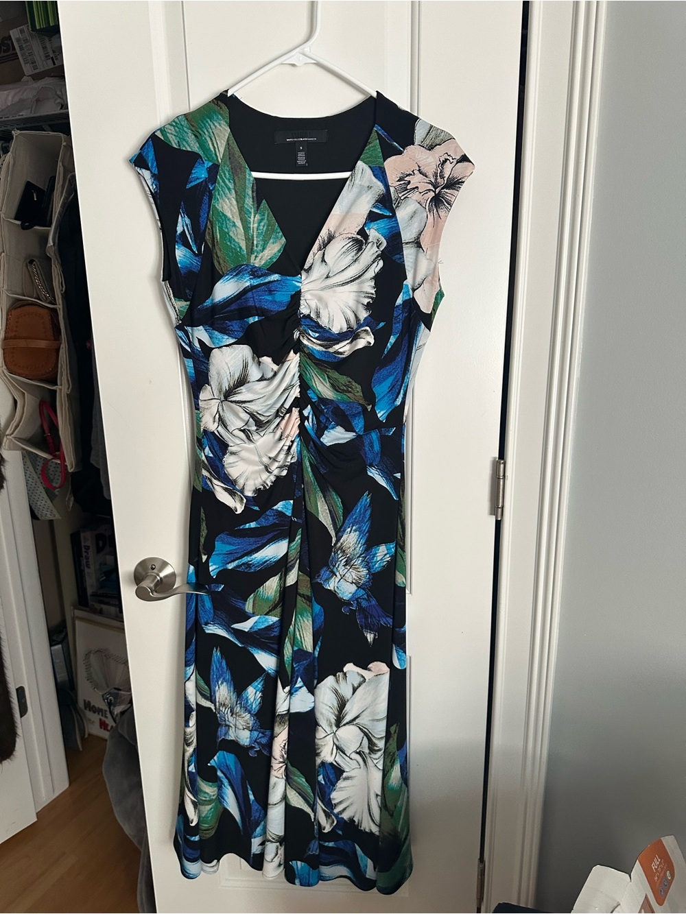 Floral Twist-Front Cap-Sleeve Dress in Black and Blue